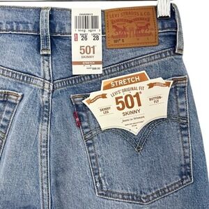 Levis 501 Skinny Jeans Womens 26x28 Light Wash Stretch Button Fly Distressed NEW